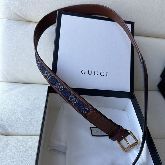NEW GUCCI BELT 678694 GG LOGO DENIM CANVAS BROWN LEATHER BUCKLE 80 cm 32 In - Picture 5 of 8